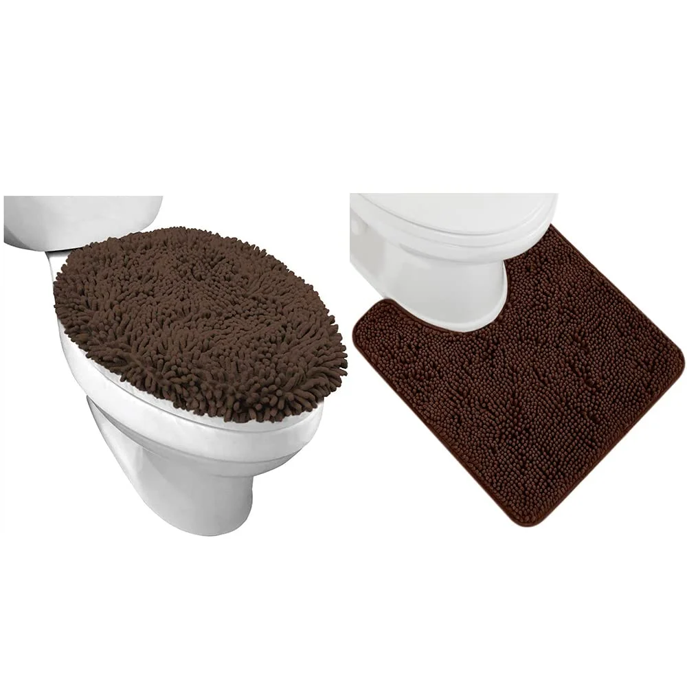 Toilet Lid Cover and Shaggy, 17.5x15 in, Brown