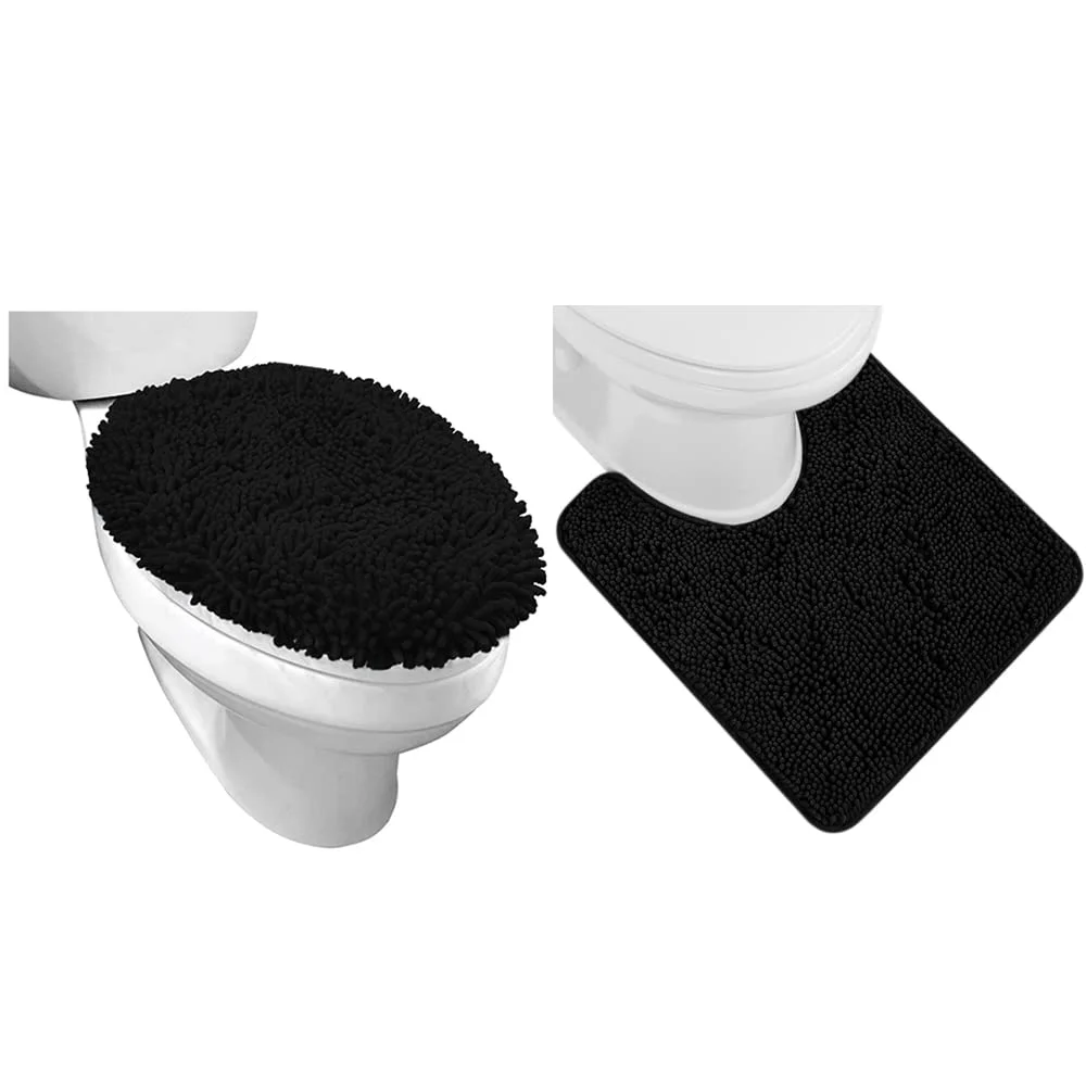 Toilet Lid Cover and Shaggy, 17.5x15 in, Black