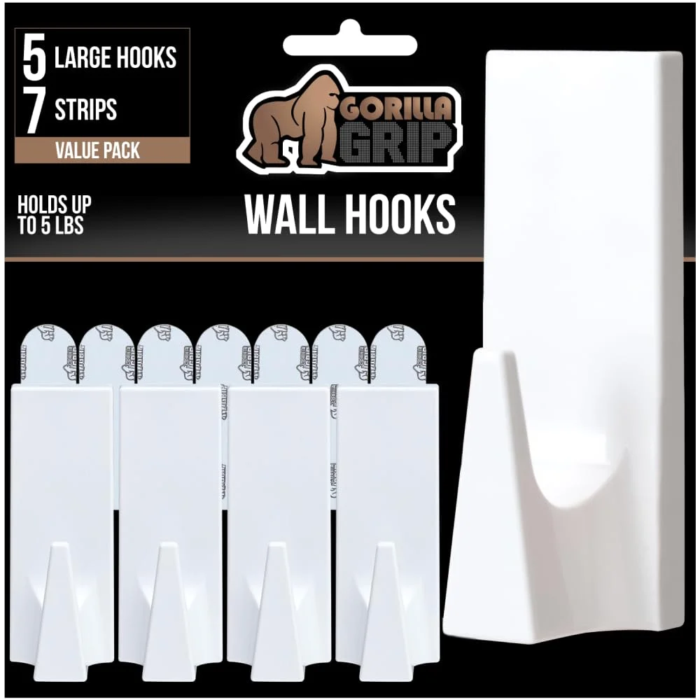 Heavy Duty Adhesive Wall Hook, 5-pack, White