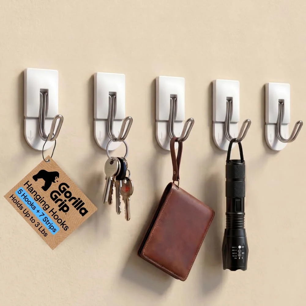 Adhesive Wall Hook, 5-pack, White